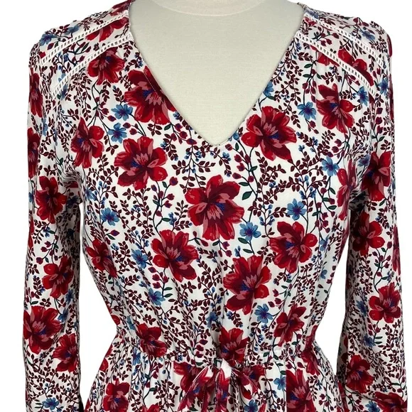 Cream and Red Floral V Neck Long Sleeve Dress - Picture 2 of 14